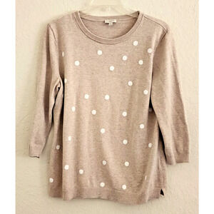 Sweater-Talbots-Tan-White Polka Dot-3/4 Sleeves-Light Weight-Size MED